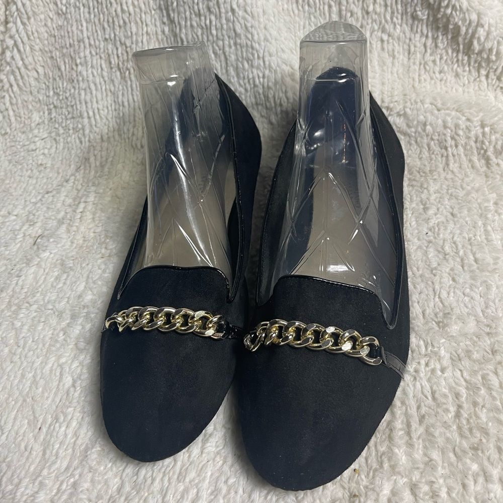 Christian Siriano Black Synthetic suedeโslip on Flats Gold Chain Accent SZ13W